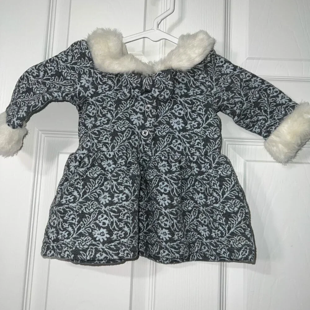 Janie and Jack Baby Girl Grey Dress with Fur Collar and Cuffs Size 6-12 Months